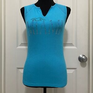 Vintage Y2K Bebe Miami Bling Tank Top NWT Blue Palm Tree Rhinestone XS‎ S M L